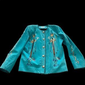 Char Santa Fe Turquoise Suede Hand Painted Botton Up Corn Maiden Jacket sz 14